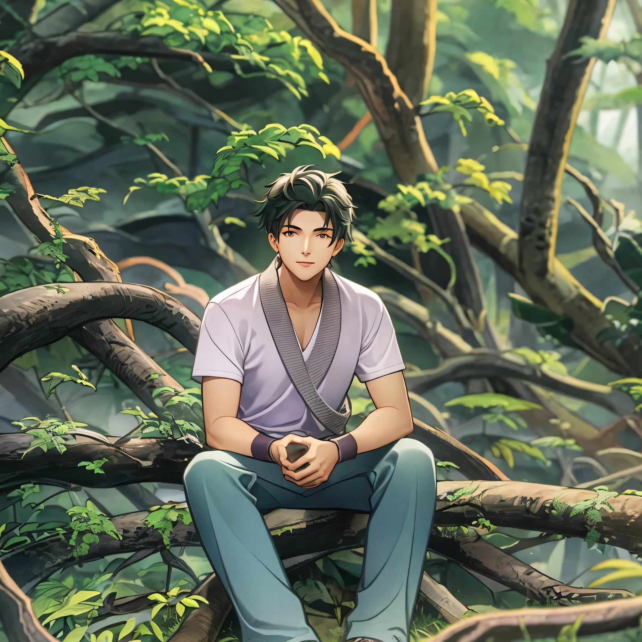 arafed man sitting on a pile of tree roots in a forest, in front of a forest background, in front of an amazing forest, sitting in the forrest, sitting in a colorful forest, jayison devadas, in a jungle environment, in jungle forest, in forest jungle, with a tree in the background, against the backdrop of trees,HD, (Masterpiece), Best Quality, High Resolution, Smile, ((Young Man)), Extremely Detailed Wallpaper, Perfect Lighting, (Extremely Detailed CG), Wallpaper, Colorful, Picture Book, Game CG,