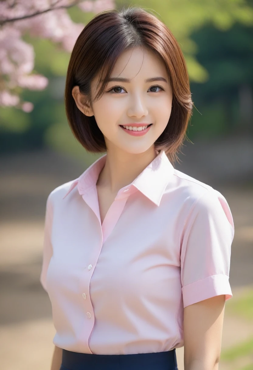 (Practical:1.5,Dynamic poses:1.7、healthy body、delicate skin),21 years old,transparent,Sexyなポーズ,Perfect anatomical structure,Beautiful Body,Large Breasts、Plump body,Cute face,Pretty Face,Double eyelids,Smile,Naughty look,short hair,Black Hair,Iris,From the front,forest,mystery,high quality,Practical,masterpiece,Very detailed,Japan,Beautiful woman,Gravure printing,fashionable,fashion model,Final Fantasy、charm:1.5、Collared shirt、Short skirt、Sexy:1.10、(())