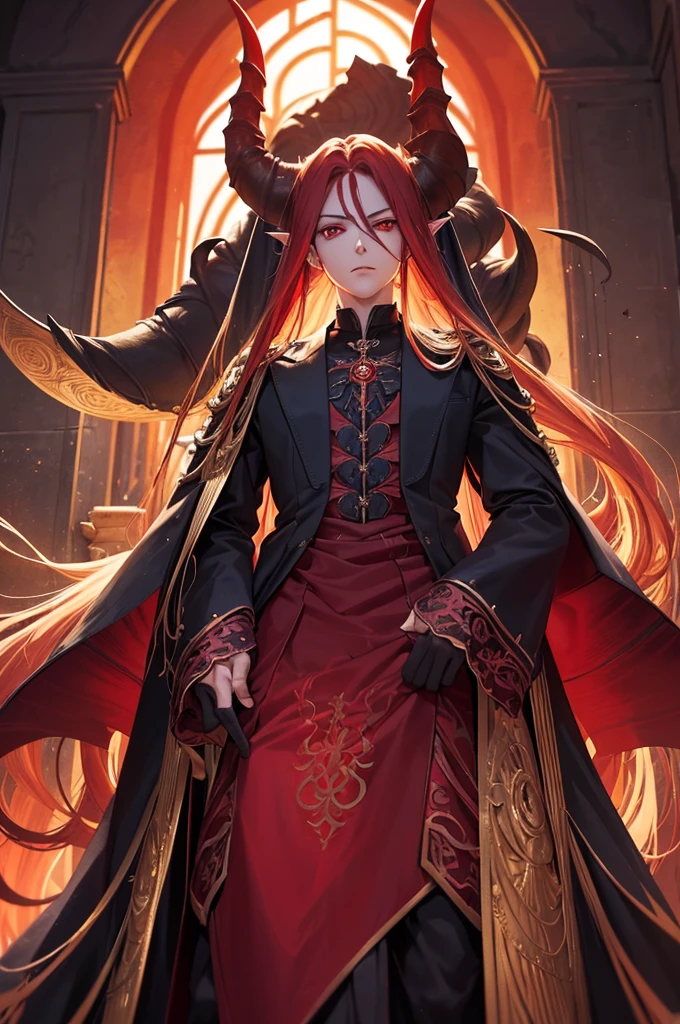 (Demon Lord style), (Tall and strong body), (frontal, solo:2, 656 yo, cool detailed straight hair long hair demon load Gentleman, best cool detailed red eyes, body with beauty detailed red aura:1.4), in a demon load gentleman suit, break, in the Audience Chamber, BREAK, perfect anatomy, masterpiece, best quality, 16k, beautiful detailed grow, daydreaming expression.