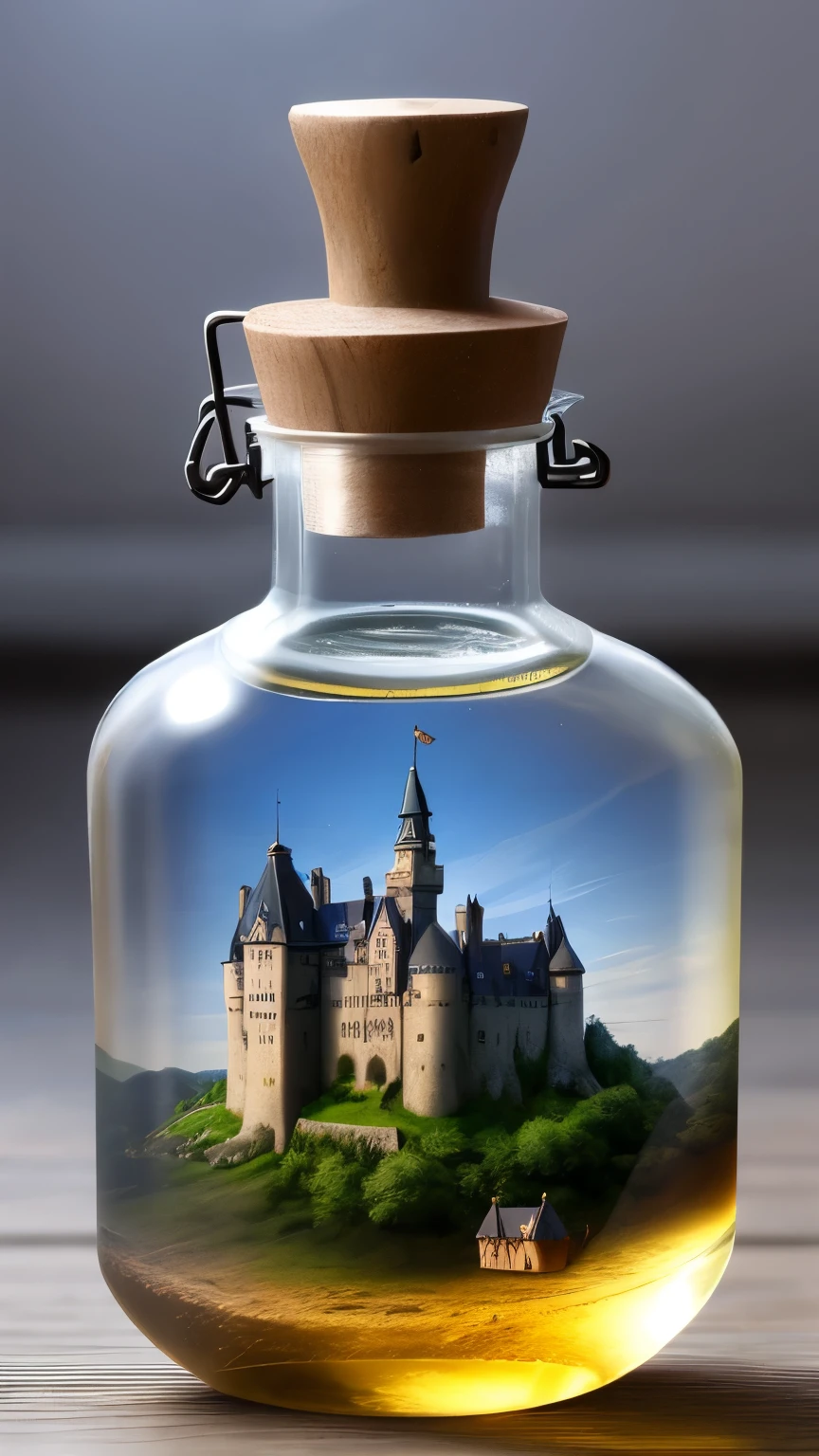 Medieval castle in a bottle、It&#39;s a small world in a bottle、Real、Refraction of atmospheric light、Photo by Lee Jeffries、Nikon D850 Film Stock Photos 4 Kodak Portra 400 Camera F1.6 shots、Rich colors、超RealでRealな質感、Dramatic lighting、artstation cinestill 800 でトレンドのアンReal エンジン、Style-Glass