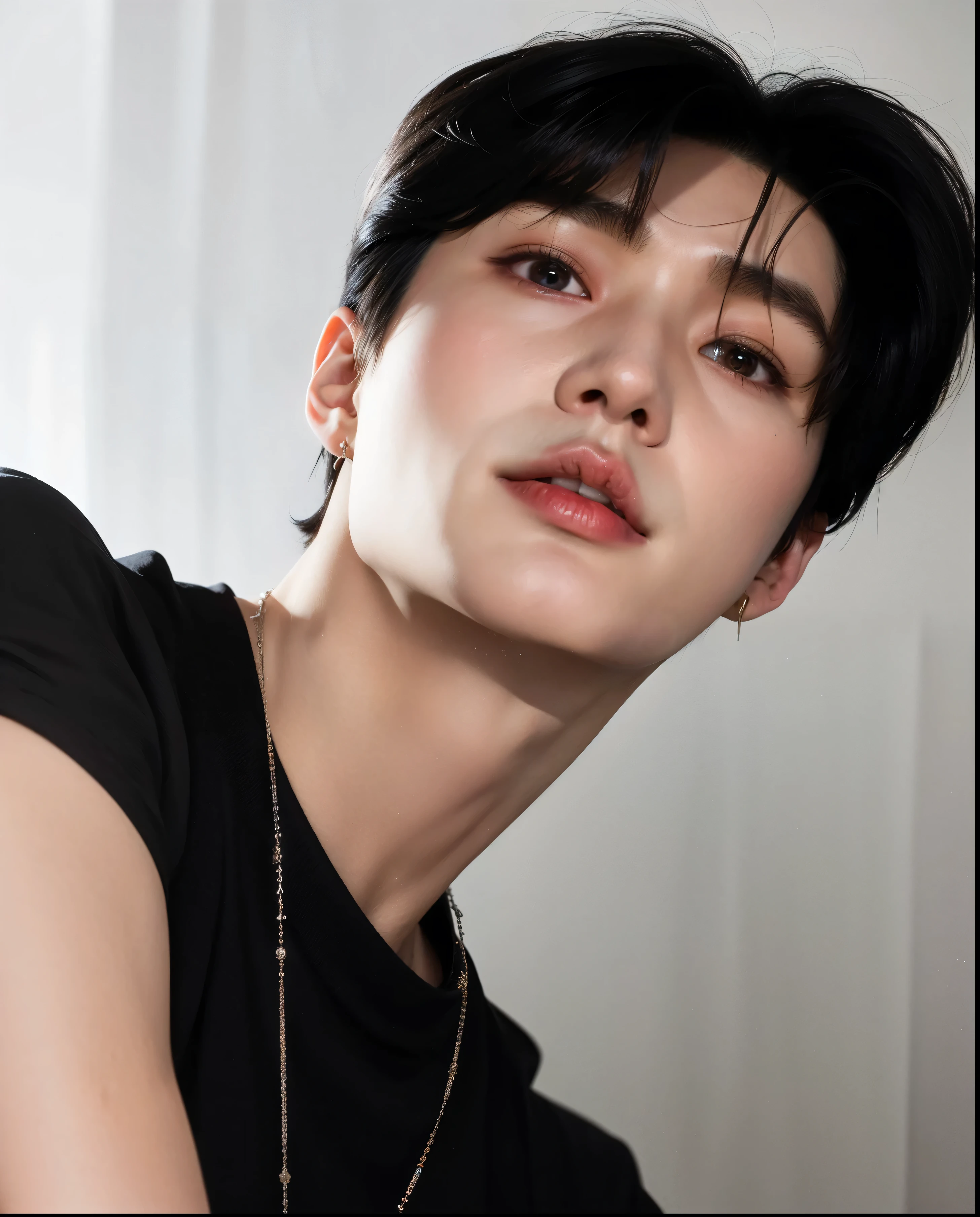 Man with black shirt and a necklace around his neck., Cai Xu Kun, Jinyoung Shin, Jung Jaehyun, smart ulzzang, Hyung Tae, Kim Doyoung, TaeJune Kim, South Korean man, Hong Jun Hyung, Adorable pale korean face., lee wonbin, Yanjun Chengt, Jinyoung Shin aesthetic, Hyung Tae kim