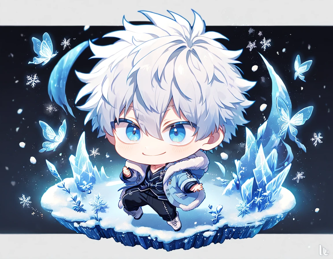 absurdres, highres, ultra detailed, HDR, master piece, best quality, extremely detailed face, delicated features, Gojou Satoru chibi, white hair, messy hair, hair between the eyes, expressive blue eyes, white eyelashes, Boku No Hero Academia, solo, cute, smiling, light-blue jacket with fur, black pants, white boots, fantasy, magical, ice, snow, ice butterflies, snowflakes, ice flowers