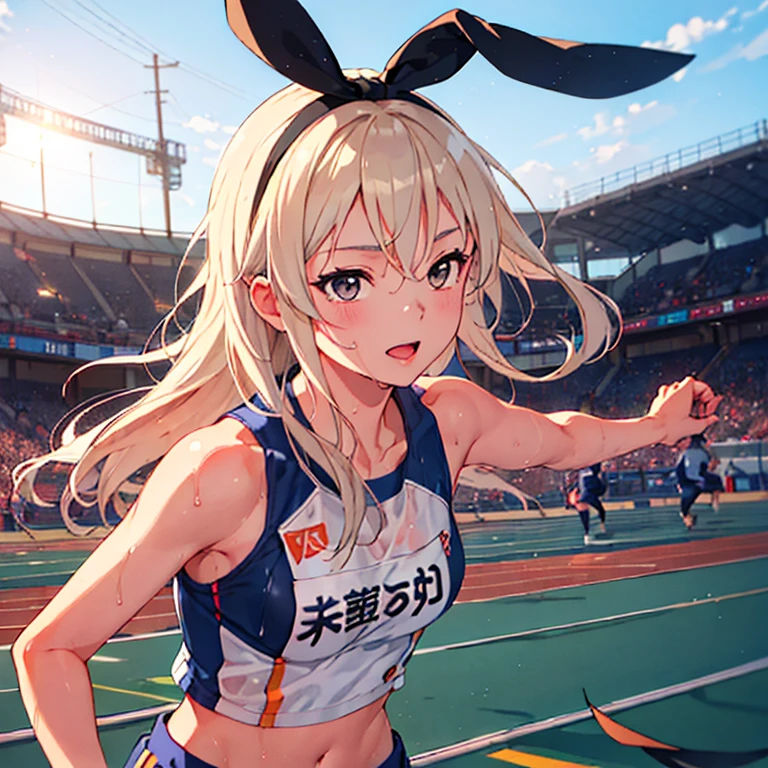 shimakaze_kantaicollection,blonde hair,(masterpiece:1.4),(best quality:1.4), (high quality:1.4),(hyper detailed:1.4),(exquisite:1.4), art CG,8K,1girl,solo,
small, sidelocks, fisheye lens, ((wearing Track and Field Uniforms )), detailed ultra cute face, crop top, (realistic, photo-realistic:1.37), happy, midriff, underboob, Cleavage, in school,wet body, shiny skin, super detailed skin, detailed, (running form:1.3), whole body, track-and-field arena