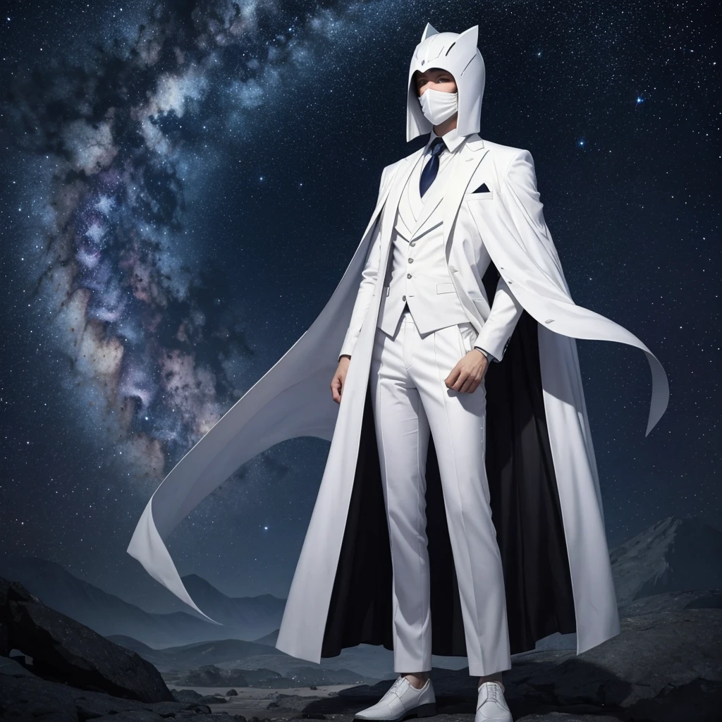A genderless being wearing a smooth white mask and a white suit standing between stars and galaxy as if he is a GOD