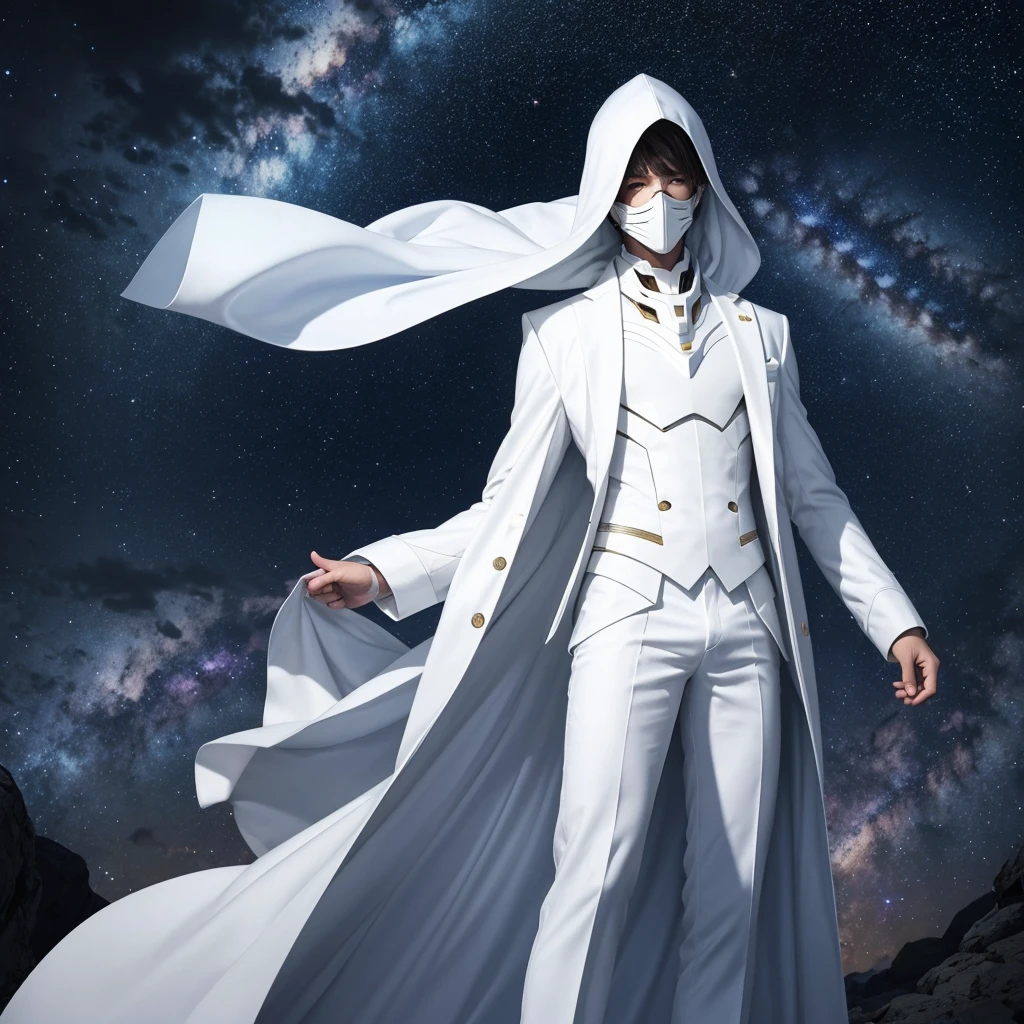 A genderless being  wearing a smooth white mask and a white suit standing between stars and galaxy as if he is a GOD 
