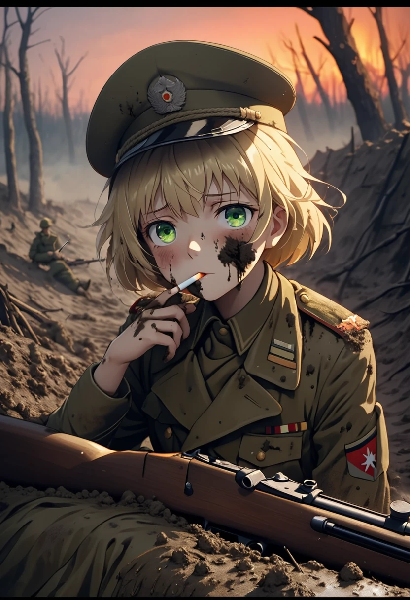 A portrait of a girl drawn in the world of the anime "Saga of Tanya the Evil",The girl has short blonde hair, messy texture, and stray hairs.He is wearing an old, muddy military uniform like that of the former German army.Wearing an old military hat、The girl has  green eyes.Sunset sky In a trench beneath the Eastern front, looking up at the sky and smoking a cigarette,Sitting in the trenches smoking cigarettes,(An old rifle slung over his shoulder1.2),The sky on the eastern front was filled with gunpowder and smoke from burnt trees, creating a lonely atmosphere.It represents a moment of peace in the midst of battle.The youthfulness of a girl's face and the dignity of a soldier,A face covered in mud,High quality, high quality image, (masterpiece best quality, 4k, 8k, :1.2)Ultra detail,Ultra-fine painting,Cinematic lighting,Idiot,