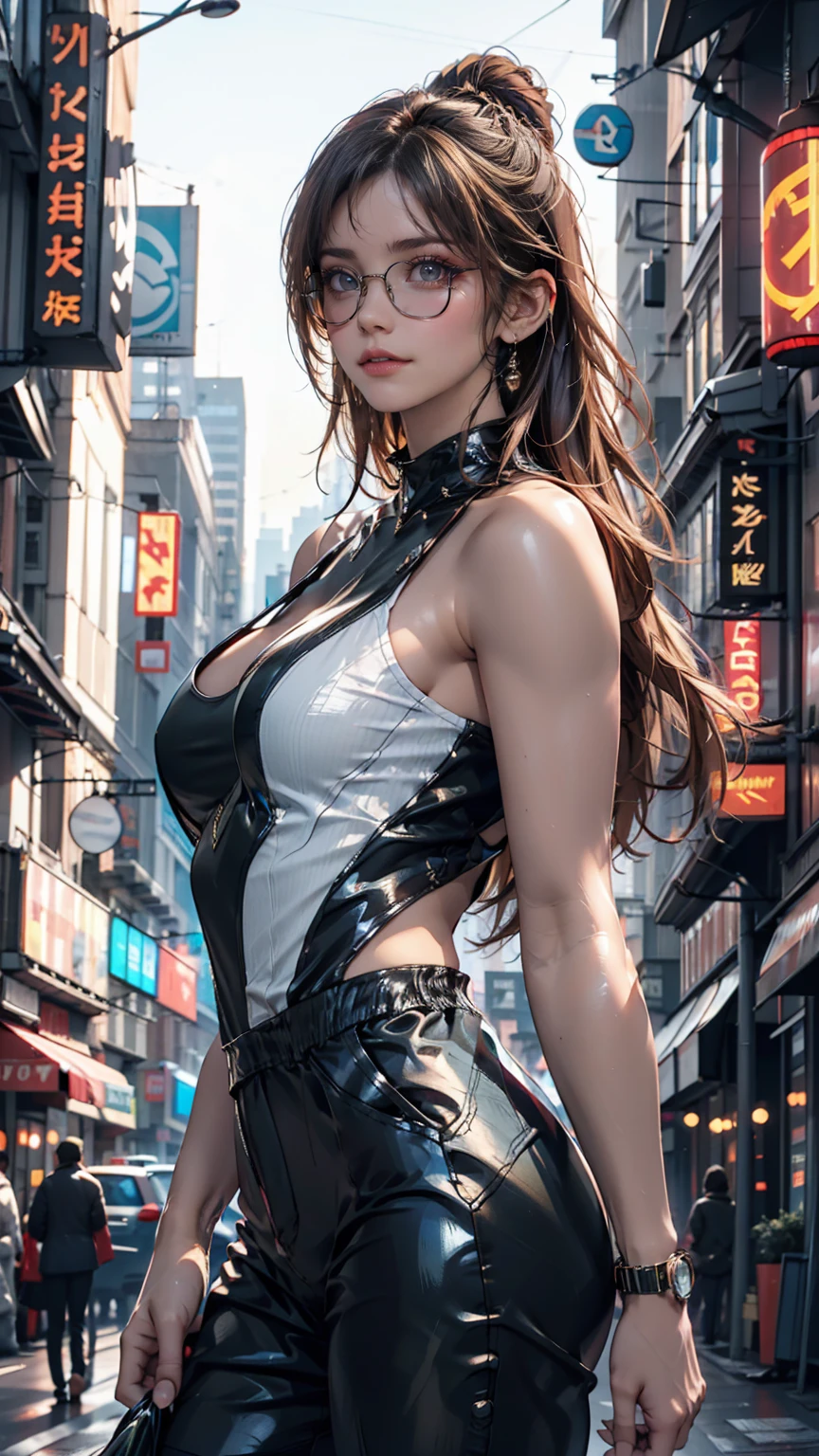 A model set against the backdrop of a futuristic city。Metallic jumpsuit、Glossy sunglasses、Cityscape dotted with digital displays