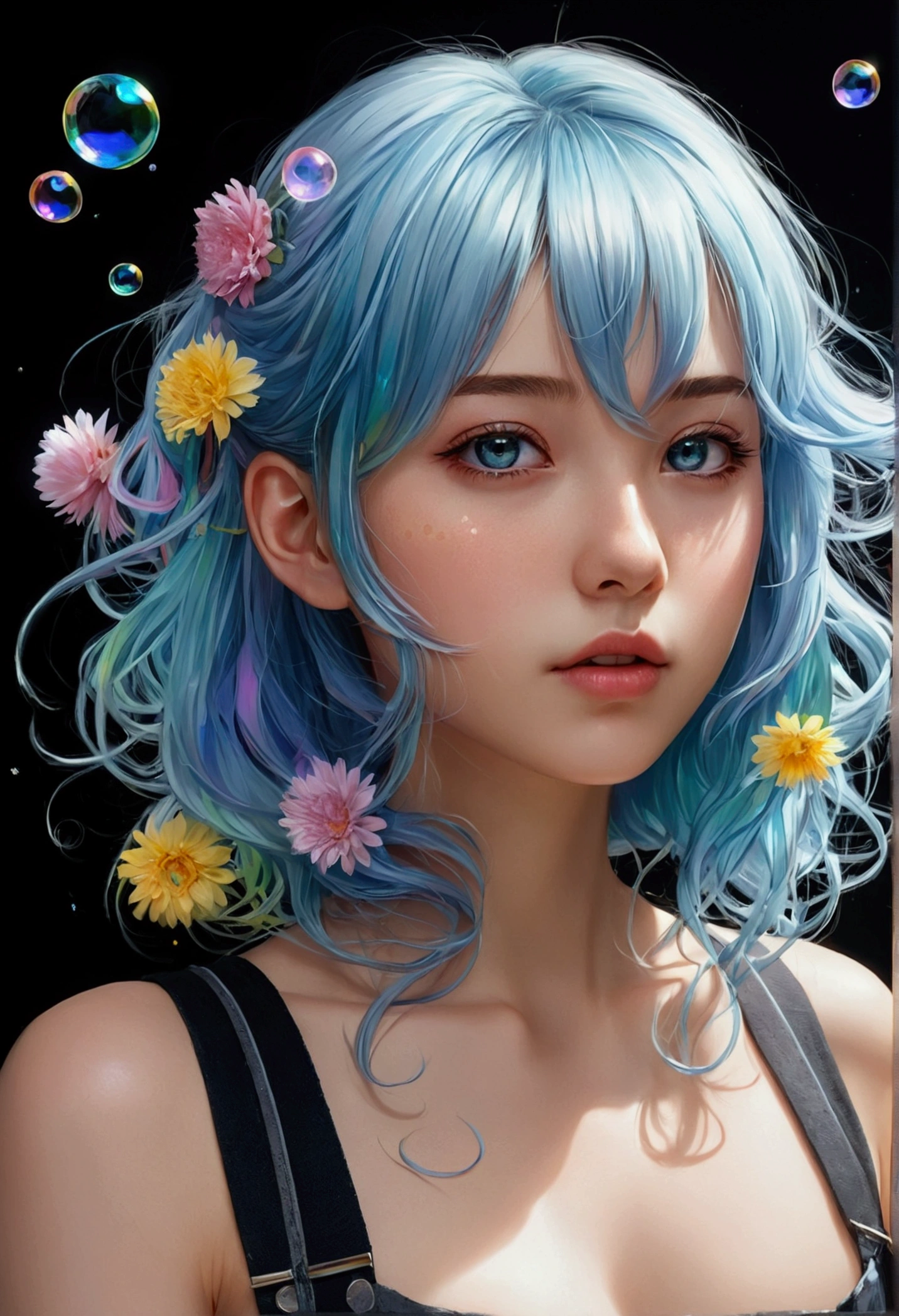 (masterpiece), (best quality), (ultra detailed),(disheveled hair),(illustration), (1girl), (Fashionable clothing), standing, Fashion model, looking at viewer, (interview), (simple background),beautiful detailed eyes, delicate beautiful face, Floating,(high saturation),(colorful splashes),colorful bubble,(shining), focus on face, kamisato ayaka, light blue hair, bangs, hair ring, floating flowers, floating hairs.Girl, anime waifu, looking at viewer, highlydetailed, reflections transparent iridescent colors, long transparent iridescent RGB hair, artby Serafleur from artstation, thick acrylic,illustration on pixiv, waist up portrait, gorgeoussacred girl, best quality, ultra detailed,sad,clever,beautiful face , beautiful lighton black background, Character stvle renderedby Octane, nude full body