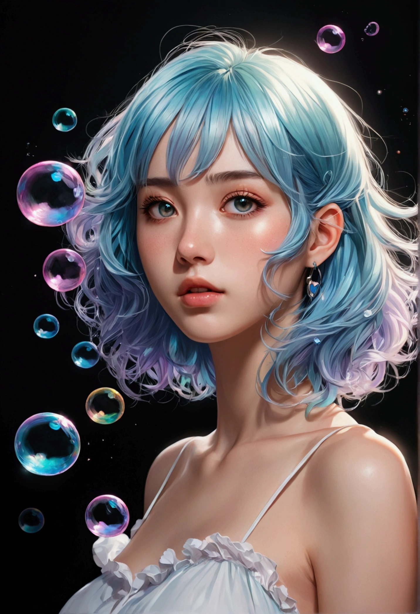 (masterpiece), (best quality), (ultra detailed),(disheveled hair),(illustration), (1girl), (Fashionable clothing), standing, Fashion model, looking at viewer, (interview), (simple background),beautiful detailed eyes, delicate beautiful face, Floating,(high saturation),(colorful splashes),colorful bubble,(shining), focus on face, kamisato ayaka, light blue hair, bangs, hair ring, floating flowers, floating hairs.Girl, anime waifu, looking at viewer, highlydetailed, reflections transparent iridescent colors, long transparent iridescent RGB hair, artby Serafleur from artstation, thick acrylic,illustration on pixiv, waist up portrait, gorgeoussacred girl, best quality, ultra detailed,sad,clever,beautiful face , beautiful lighton black background, Character stvle renderedby Octane, nude full body