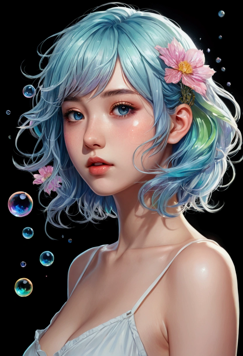 (masterpiece), (best quality), (ultra detailed),(disheveled hair),(illustration), (1girl), (Fashionable clothing), standing, Fashion model, looking at viewer, (interview), (simple background),beautiful detailed eyes, delicate beautiful face, Floating,(high saturation),(colorful splashes),colorful bubble,(shining), focus on face, kamisato ayaka, light blue hair, bangs, hair ring, floating flowers, floating hairs.Girl, anime waifu, looking at viewer, highlydetailed, reflections transparent iridescent colors, long transparent iridescent RGB hair, artby Serafleur from artstation, thick acrylic,illustration on pixiv, waist up portrait, gorgeoussacred girl, best quality, ultra detailed,sad,clever,beautiful face , beautiful lighton black background, Character stvle renderedby Octane, nude full body