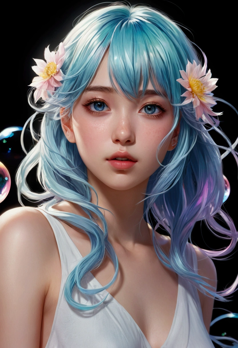 (masterpiece), (best quality), (ultra detailed),(disheveled hair),(illustration), (1girl), (Fashionable clothing), standing, Fashion model, looking at viewer, (interview), (simple background),beautiful detailed eyes, delicate beautiful face, Floating,(high saturation),(colorful splashes),colorful bubble,(shining), focus on face, kamisato ayaka, light blue hair, bangs, hair ring, floating flowers, floating hairs.Girl, anime waifu, looking at viewer, highlydetailed, reflections transparent iridescent colors, long transparent iridescent RGB hair, artby Serafleur from artstation, thick acrylic,illustration on pixiv, waist up portrait, gorgeoussacred girl, best quality, ultra detailed,sad,clever,beautiful face , beautiful lighton black background, Character stvle renderedby Octane, nude full body