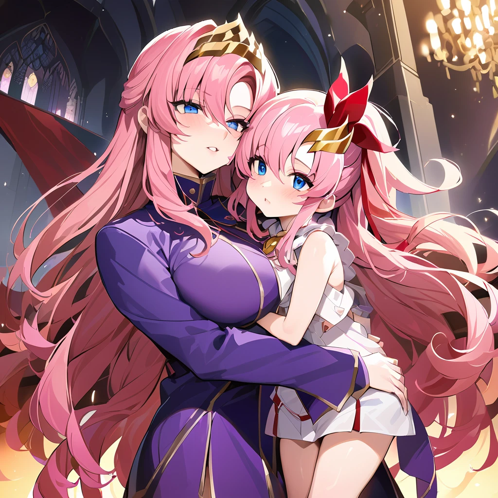 ((Highest quality)), ((masterpiece)), (detailed), （Perfect Face）、The woman is Lacus Clyne, the wife of the leader of the Evil God Cult. She has blue eyes, medium-long pink hair, a hair accessory, and is wearing the suspicious and luxurious Evil God Cult uniform, as well as a necklace and accessories with devil symbols, a gorgeous head chain tiara, and an engagement ring.、The woman is the wife of a middle-aged, bearded cult leader who is revered by a mysterious cult of evil gods.、The mysterious cult leader, dressed in the luxurious clothing of the cult leader, is embracing, kissing and cuddling at the altar of the cult.