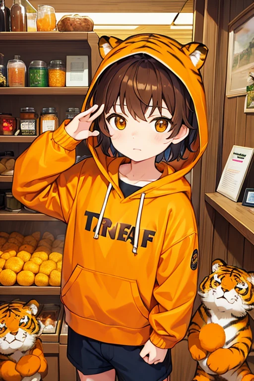 Little man, short brown hair, orange hood, yellow sweater, shorts café, with a stuffed tiger