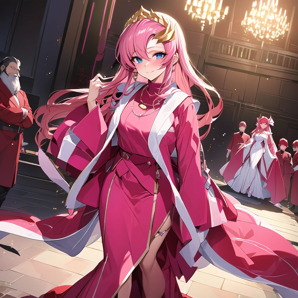 ((Highest quality)), ((masterpiece)), (detailed), （Perfect Face）、The woman is Lacus Clyne, a shrine maiden of the evil god and the wife of the leader of the evil god cult. She has blue eyes, medium-long pink hair, a hair ornament, and is wearing the suspicious and luxurious evil god cult uniform, as well as necklaces and accessories with devil symbols, a luxurious head chain tiara, and an engagement ring.、The woman is the wife of a middle-aged, bearded cult leader who is revered by a mysterious cult of evil gods.、He is standing at the altar of the Evil God Cult with a mysterious cult leader dressed in luxurious cult leader clothing.