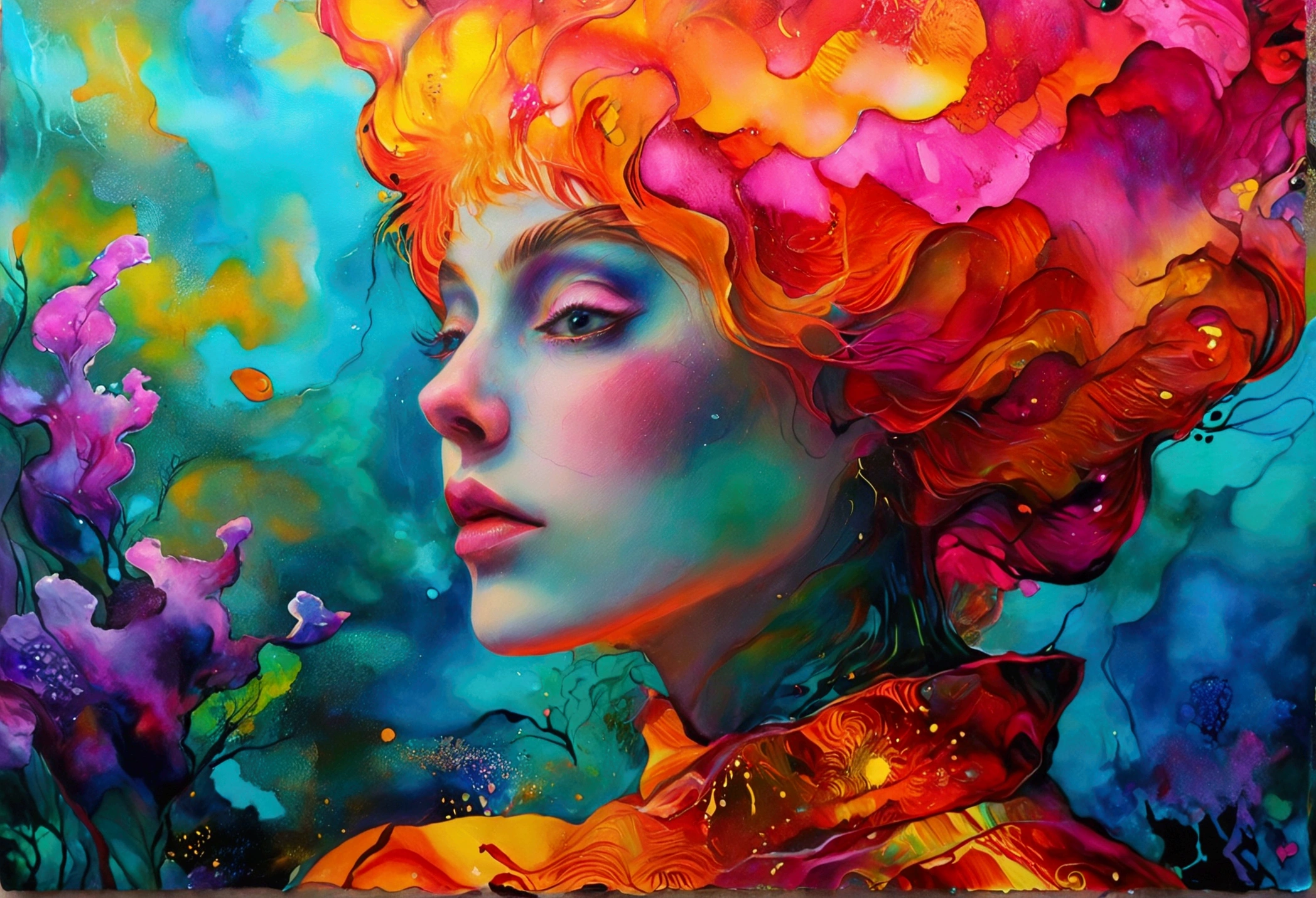 In a mesmerizing oil painting, a mysterious figure emerges from a haze of swirling colors. Their retro attire shines with metallic accents, while vibrant neon lights illuminate their expressionless face. The composition exudes nostalgia and intrigue, leaving viewers longing for a forgotten era. the gardens of sound made out of ral-hlgrphic,( hyperrealistic art breathtaking a lineart (vibrant alcohol ink sketch). [magnificent faetastic , , intriguing weirdness, color schemes extravaganza, mystery of darkness, unusual natural aesthetics, glossy].
