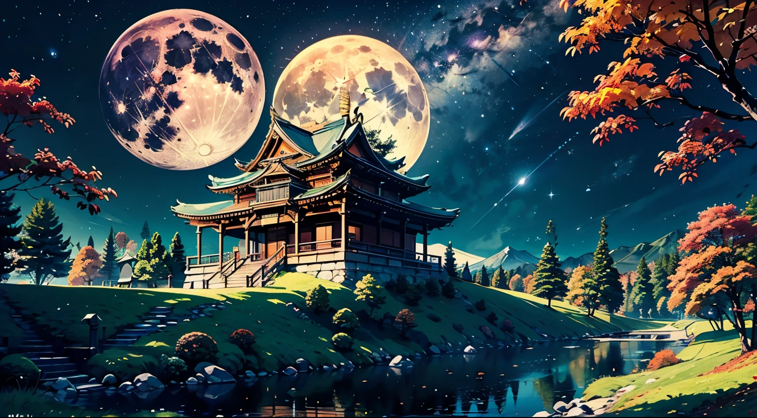 1 full moon、Night Sky、performer、shooting star