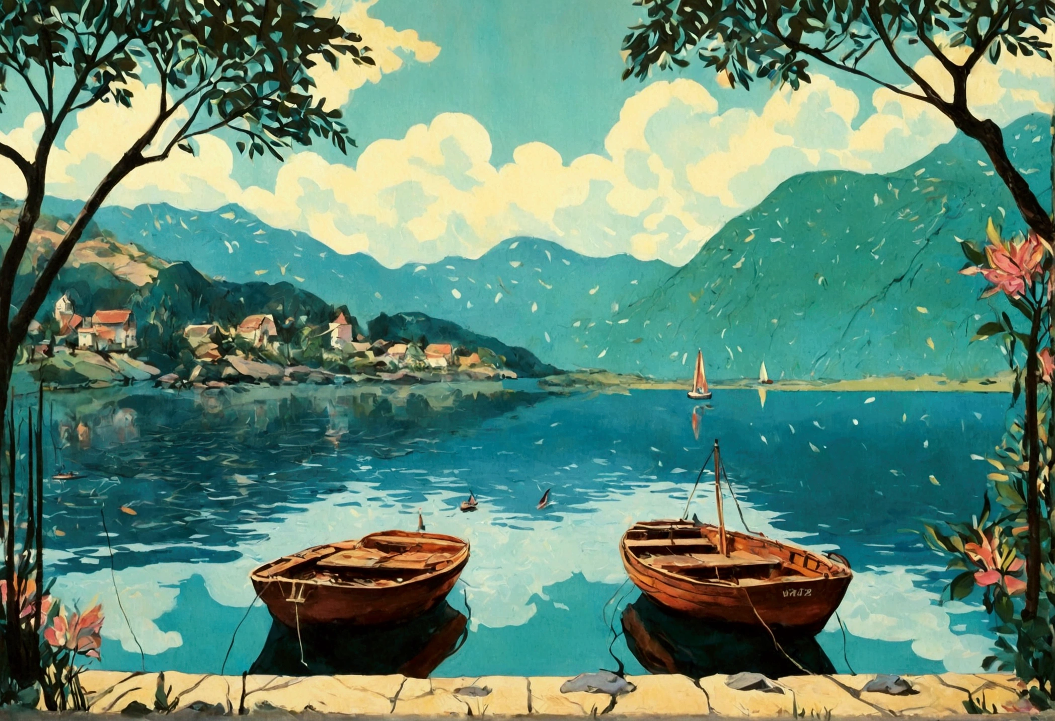 view of a sailings Boat on the waterside of a small lake mountain lake, award-winning, professional, highly detailed in, undefined,. Include vibrant pastel colors, sleek lines, and a retro summer atmosphere. The style should be reminiscent of vintage travel posters with a modern twist, mphasize the fluidity and movement of the dream world through dynamic brushstrokes and abstract forms