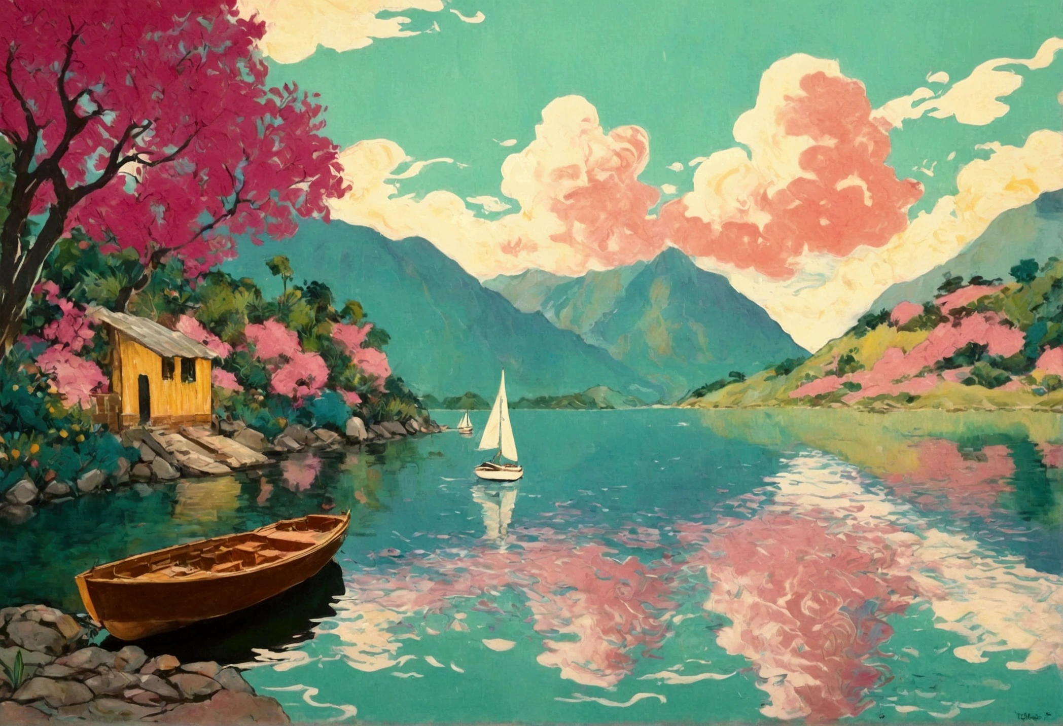 view of a sailings Boat on the waterside of a small lake mountain lake, award-winning, professional, highly detailed in, undefined,. Include vibrant pastel colors, sleek lines, and a retro summer atmosphere. The style should be reminiscent of vintage travel posters with a modern twist, mphasize the fluidity and movement of the dream world through dynamic brushstrokes and abstract forms