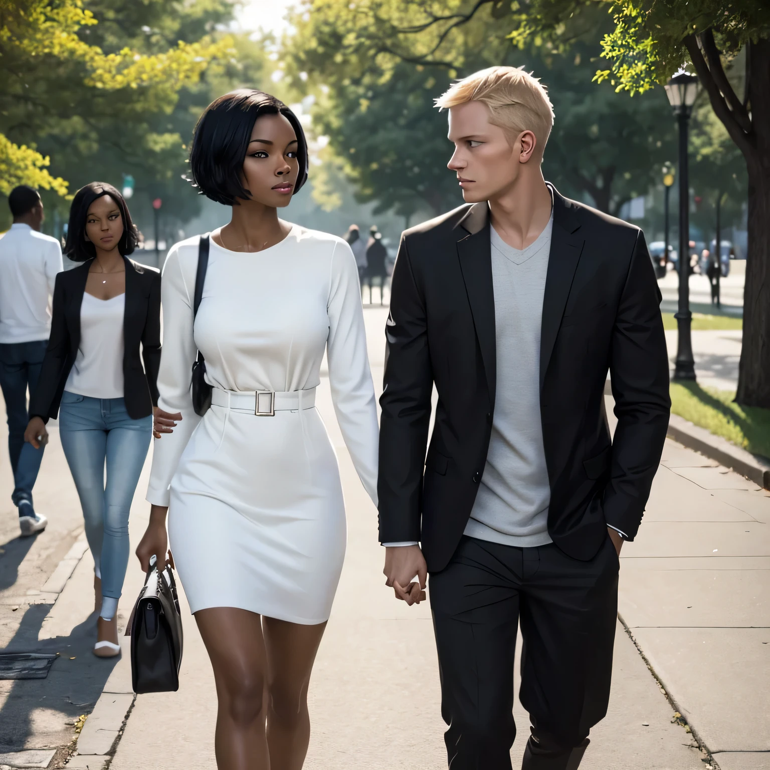 a beautiful black woman with short black hair, walking with a blond man in a park, more people around the two, with strange looks at the couple walking, prejudiced looks.