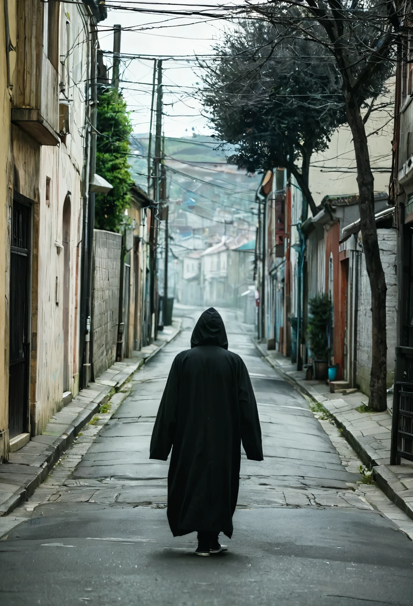 Hooded person walking at the end of the street