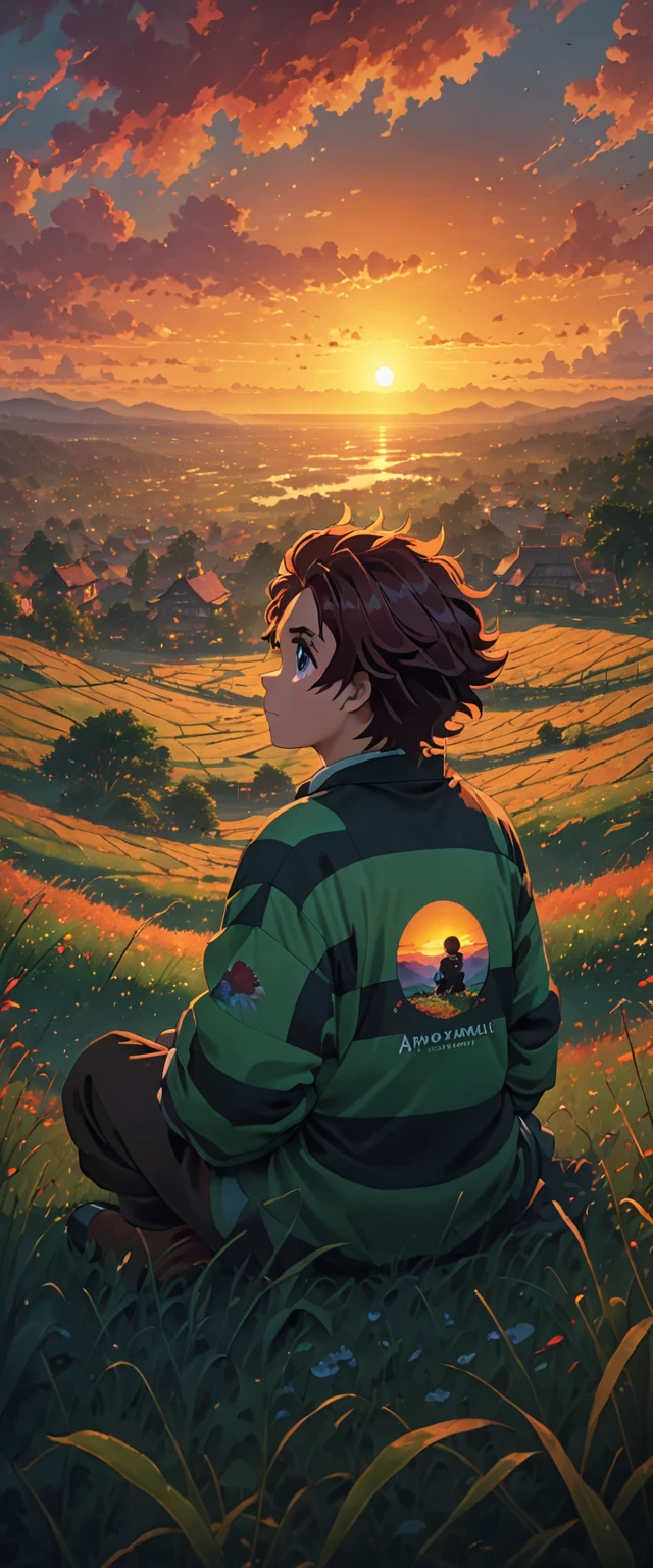boy sitting on a field of grass, watching a hellish sunset, sun, anime wallpaper 4k, amazing miyazaki, thomas kinkade matte 4k, Aries Moross art. HD 8K