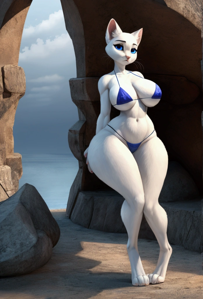 Slim sexy kitten with wide hips , with long leg with big thighs and big breasts and with mini bikini full body and with white fur and with blue eyes.