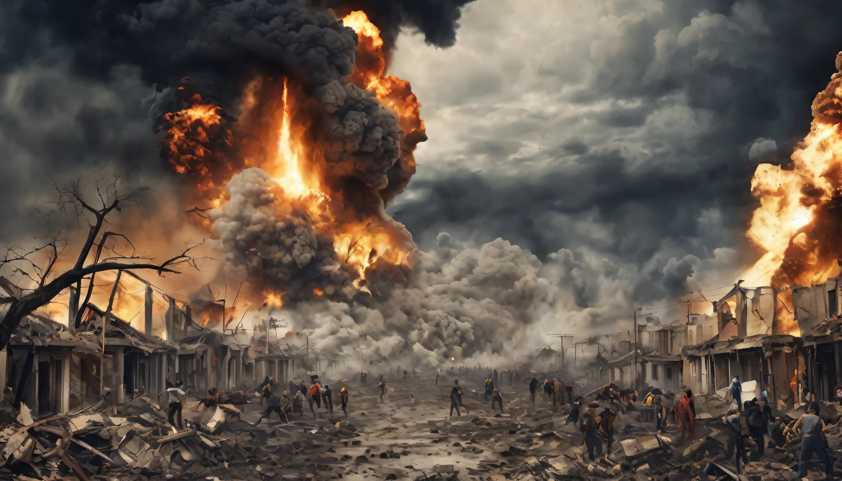 (best quality,4k,8k,highres,masterpiece:1.2), ultra-detailed, (realistic,photorealistic,photo-realistic:1.37), portraits, landscape, HDR, UHD, studio lighting, extreme detail description, professional, vivid colors, bokeh, oil painting, illustrations, erupting volcano, destructive force, molten lava spreading, fiery destruction, crumbling buildings, terrified townspeople, smoke-filled sky, glowing embers, dramatic lighting, intense heat, abandoned streets, desolate atmosphere, red-hot lava flows, cascading down the slopes, billowing clouds of ash, glowing magma, crackling flames, charred trees, eerie silence, ash-covered landscape, haunting aftermath