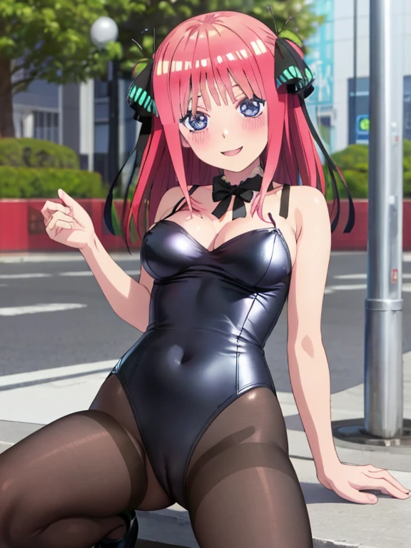 best quality, insanely detailed, nino nakano, breasts, blush, outdoor background, bare-shoulder, looking at viewer, garter strap, a black ribbon, pantyhose, highleg leotard, pussy, smile