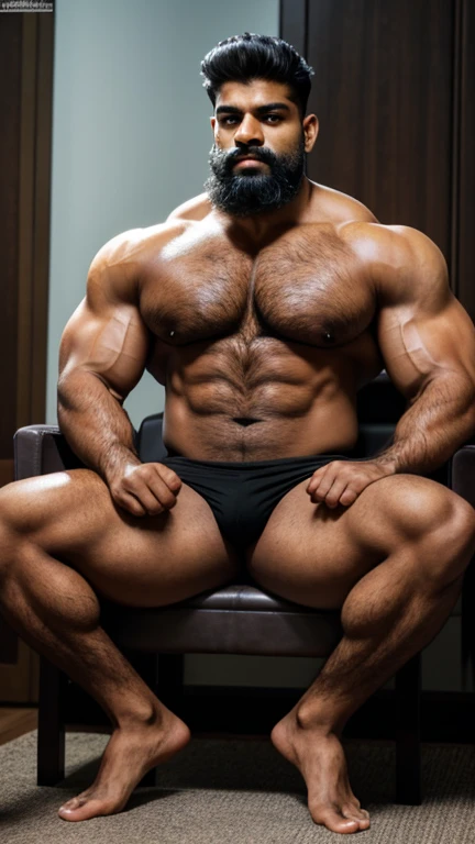 Handsome indian man with little mustach abd beared sitting in a chair with his legs crossed, his legs spread apart, gigachad muscular, strong and imposing, macho pose, chest legs, very beautiful. big muscles, (sfw) safe for work, full subject shown in photo, large muscles, exaggeratedly large physique, in a rock chair, beefcake pose, legs crossed, realistic, hd,hdr, photo from camera