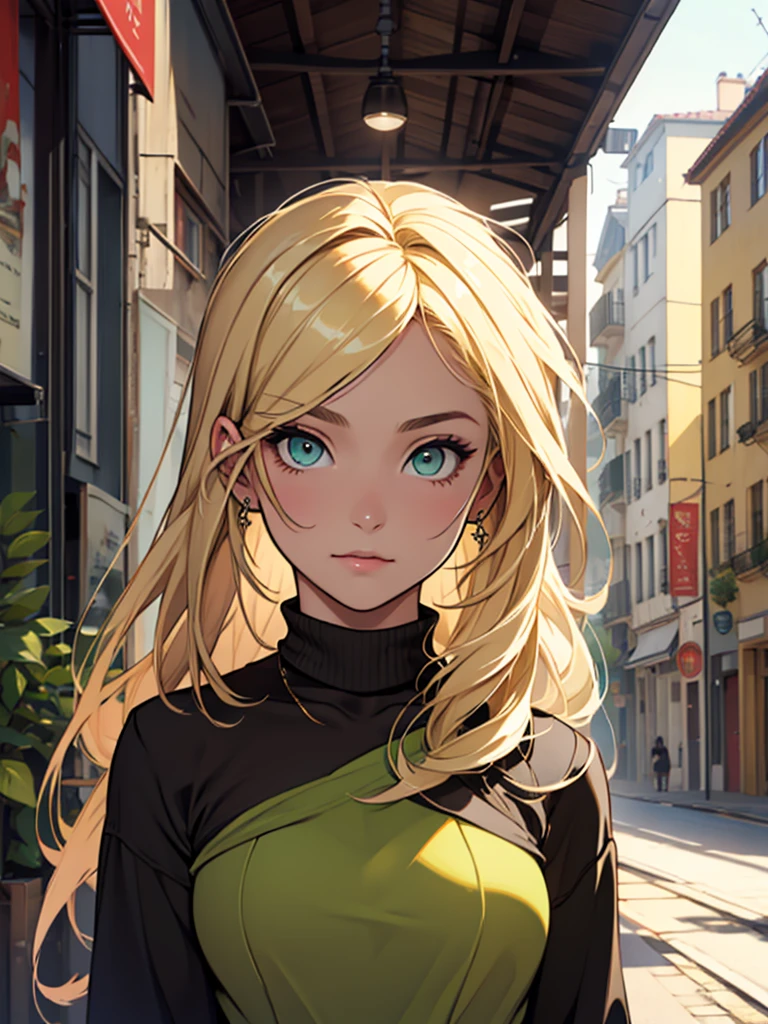  ((best qualityer)), ((Artwork)), (detailded), 1 garota adolescente, blonde hair with highlights, greeneyes, luxury casual wear