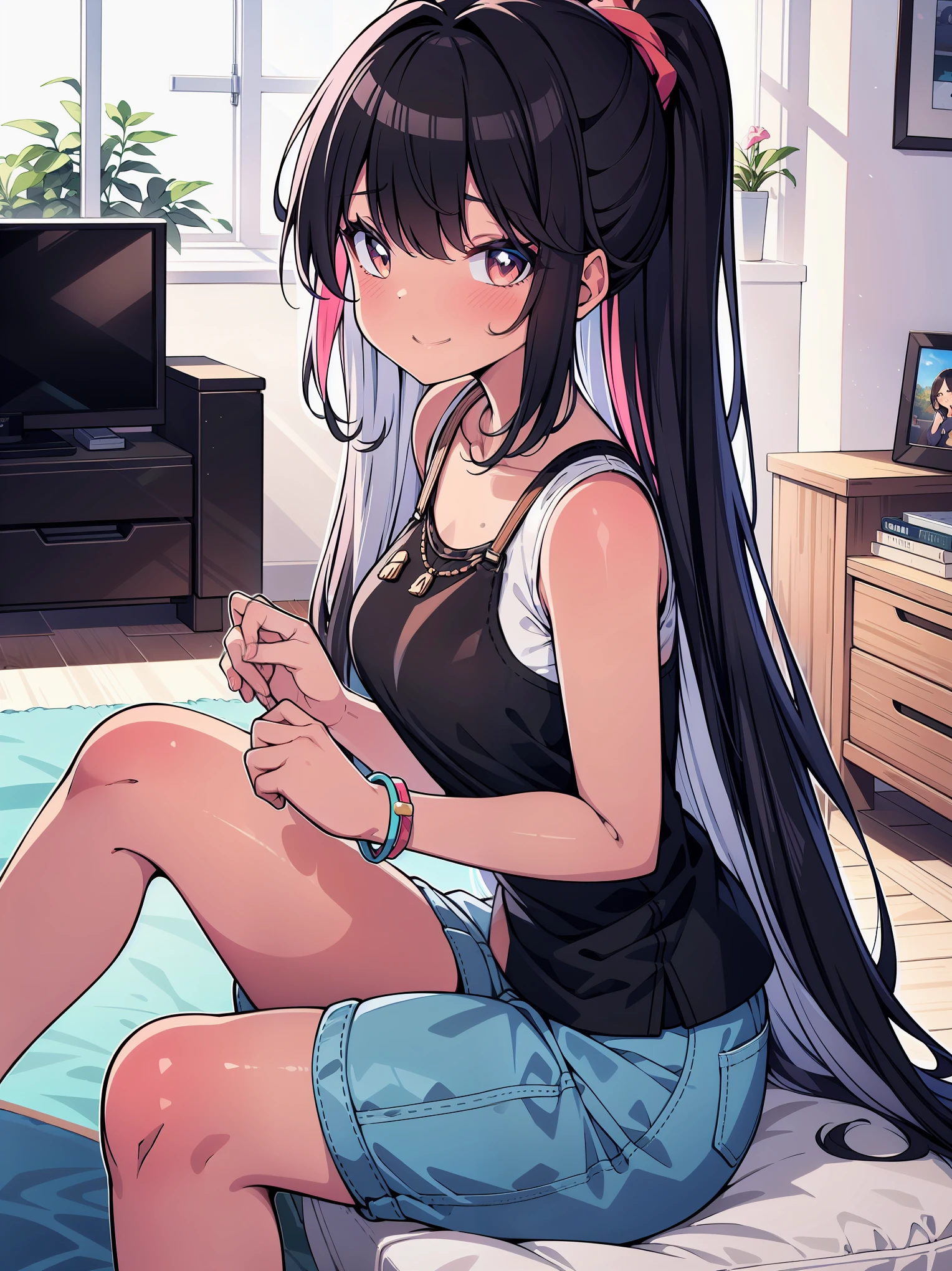 Beautiful illustration, Best Quality,(12-year-old girl:1.5)、(cute petit girl：1.6)、Lori、flat chest、(Princess、Culotte shorts：1.5)、Gap between thigh and shorts、Clean thighs、Beautiful blue eyes, Cinematic lighting, (long)、((straight haired))、(A bewildering smile:1.2)、Redness of the cheeks、