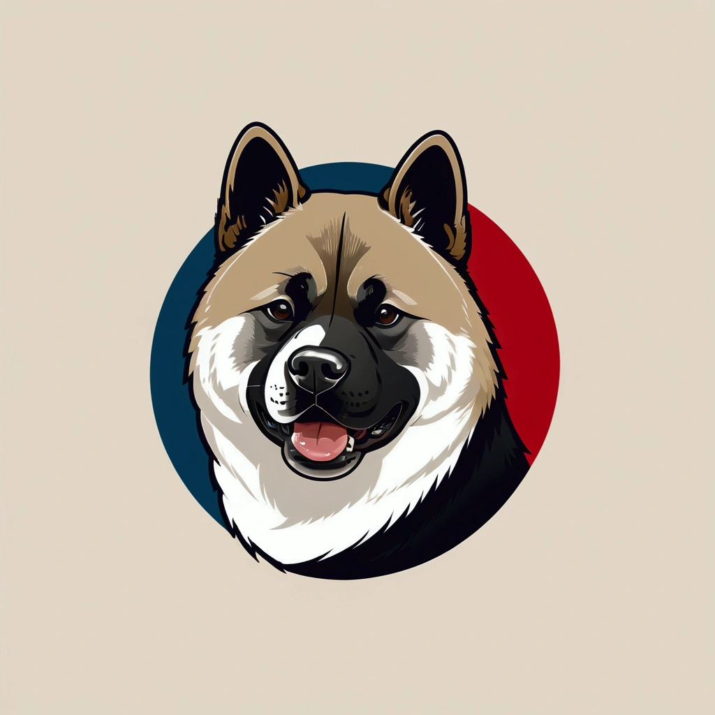 American Akita – a beauty with plush fur and a characteristic dark mask. The breed combines courage, friendliness,  funky, retro, multicoloured,  vintage logo, American Akita dog,athletic sports logo,energetic dynamic pose vintage logo, American Akita dog,athletic logo,energetic dynamic pose, American Akita – a beauty with plush fur and a characteristic dark mask.