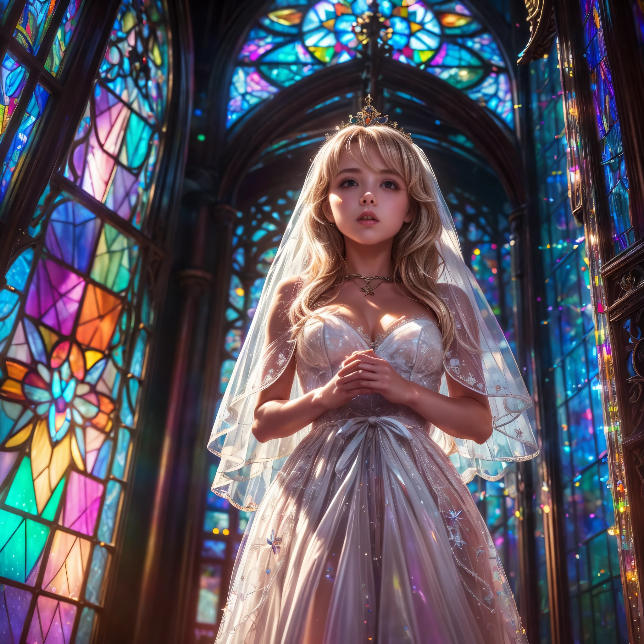  (Cathedral from below:1.28) (ZoomLayer) TopQuality 8K masterpiece of ((Professional photo)), (((Clarisse de Cagliostro))) (Detailed White WeddingDresses), Chain, (((Extremely detailed KAWAII face))) {((VeiledFace))|BlondeHair|(Elaborate BuleEyes)with(SparklingHighlights:1.28)}, The background is distant (((Elaborate stained glass))) Rainbow Glass, {(MysticSight)|EnchantingAtmosphere|Haze|(GodRays)|TyndallEffect}, Radiant PearlSkin with Transparency, (Exposed:0.39)