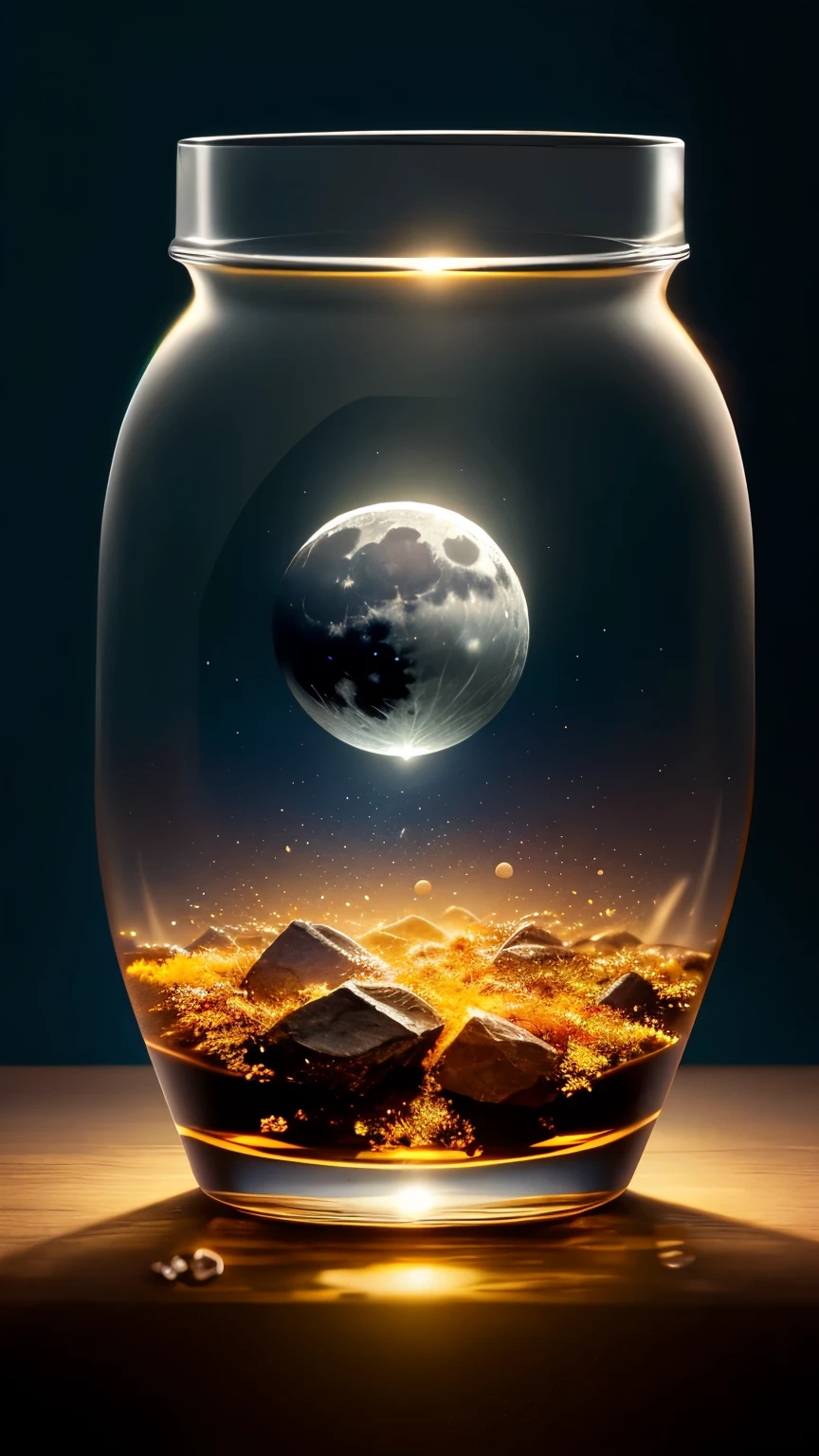 The moon is floating in a bottle、Real、Refraction of atmospheric light、Photo by Lee Jeffries、Nikon D850 Film Stock Photos 4 Kodak Portra 400 Camera F1.6 shots、Rich colors、超RealでRealな質感、Dramatic lighting、artstation cinestill 800 でトレンドのアンReal エンジン、Style-Glass