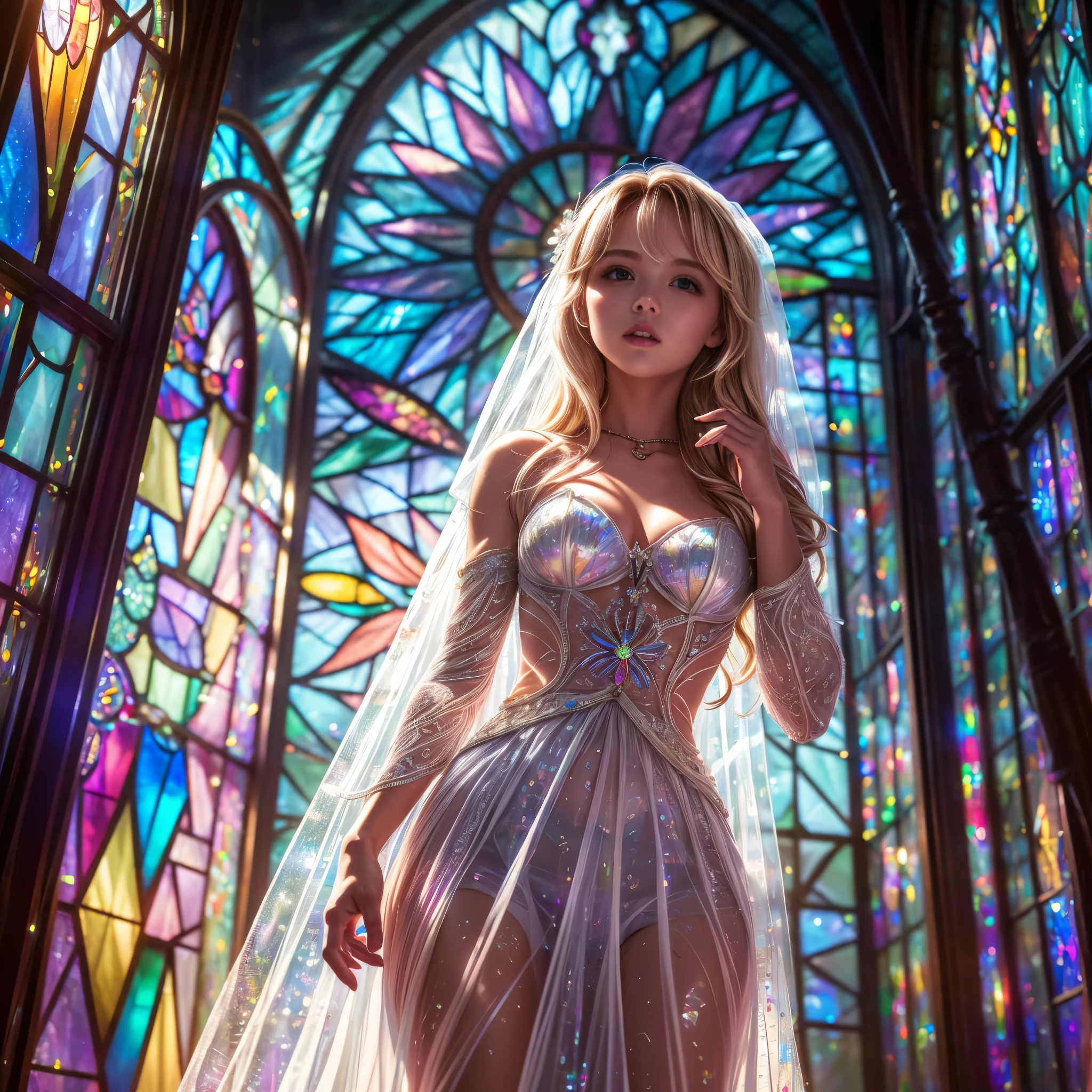 (Cathedral from below:1.28) (ZoomLayer) TopQuality 8K masterpiece of ((Professional photo)), (((Clarisse de Cagliostro))) (Detailed White WeddingDresses), Chain, (((Extremely detailed KAWAII face))) {((VeiledFace))|BlondeHair|(Elaborate BuleEyes)with(SparklingHighlights:1.28)}, The background is distant (((Elaborate stained glass))) Rainbow Glass, {(MysticSight)|EnchantingAtmosphere|Haze|(GodRays)|TyndallEffect}, Radiant PearlSkin with Transparency, (Exposed:0.39)