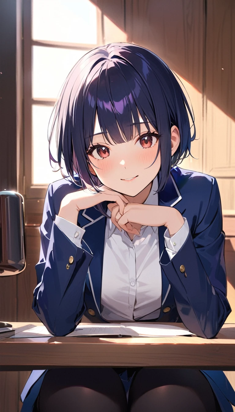 A high school girl with black short bob hair, wearing a navy blazer ,顔を赤らめている