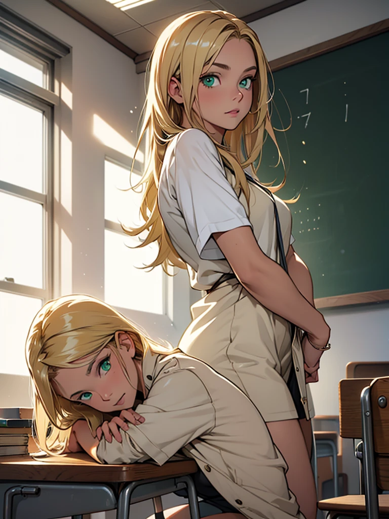((best qualityer)), ((Artwork)), (detailded), 1 garota adolescente, blonde hair with highlights, greeneyes, luxury casual wear, in the classroom