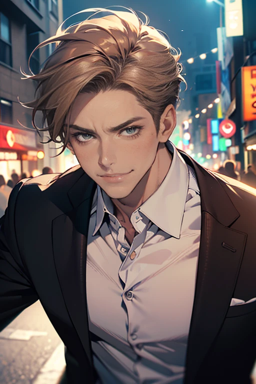 (tmasterpiece, high resolution, ultra - detailed:1.0), (1 male, masculine face, 31 years, CEO), Perfect male body, tall and strong, Adult male, Delicate eyes and delicate face, Extremely detailed CG, Unity 8k wallpaper, Complicated details, Detailed face, (short brown hair, short hair, smile in love faces, blur eyes, white shirts,), (frown, smile in love:1.3), stad in corporativo, empresa, escritório style, color difference, Depth of field, dramatic shadow, Ray tracing, Best quality, Cinematic lighting, offcial art,Portrait