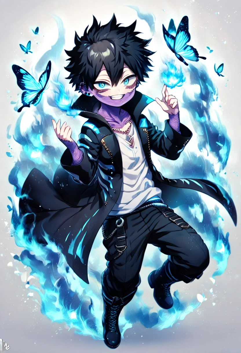 absurdres, highres, ultra detailed, HDR, master piece, best quality, extremely detailed face, delicated features, Dabi, black hair, expressive turquoise eyes, Boku No Hero Academia, solo, cute, smiling, black coat, black pants, black boots, fantasy, magical, blue fire butterflies, fire flowers, blue fire, blue flames 