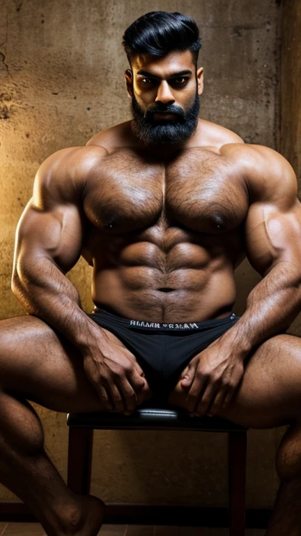 Handsome indian man with little mustach abd beared sitting in a chair with his legs crossed, his legs spread apart, gigachad muscular, strong and imposing, macho pose, chest legs, very beautiful. big muscles, (sfw) safe for work, full subject shown in photo, large muscles, exaggeratedly large physique, in a rock chair, beefcake pose, legs crossed, realistic, hd,hdr, photo from camera, clear picture, sunlight