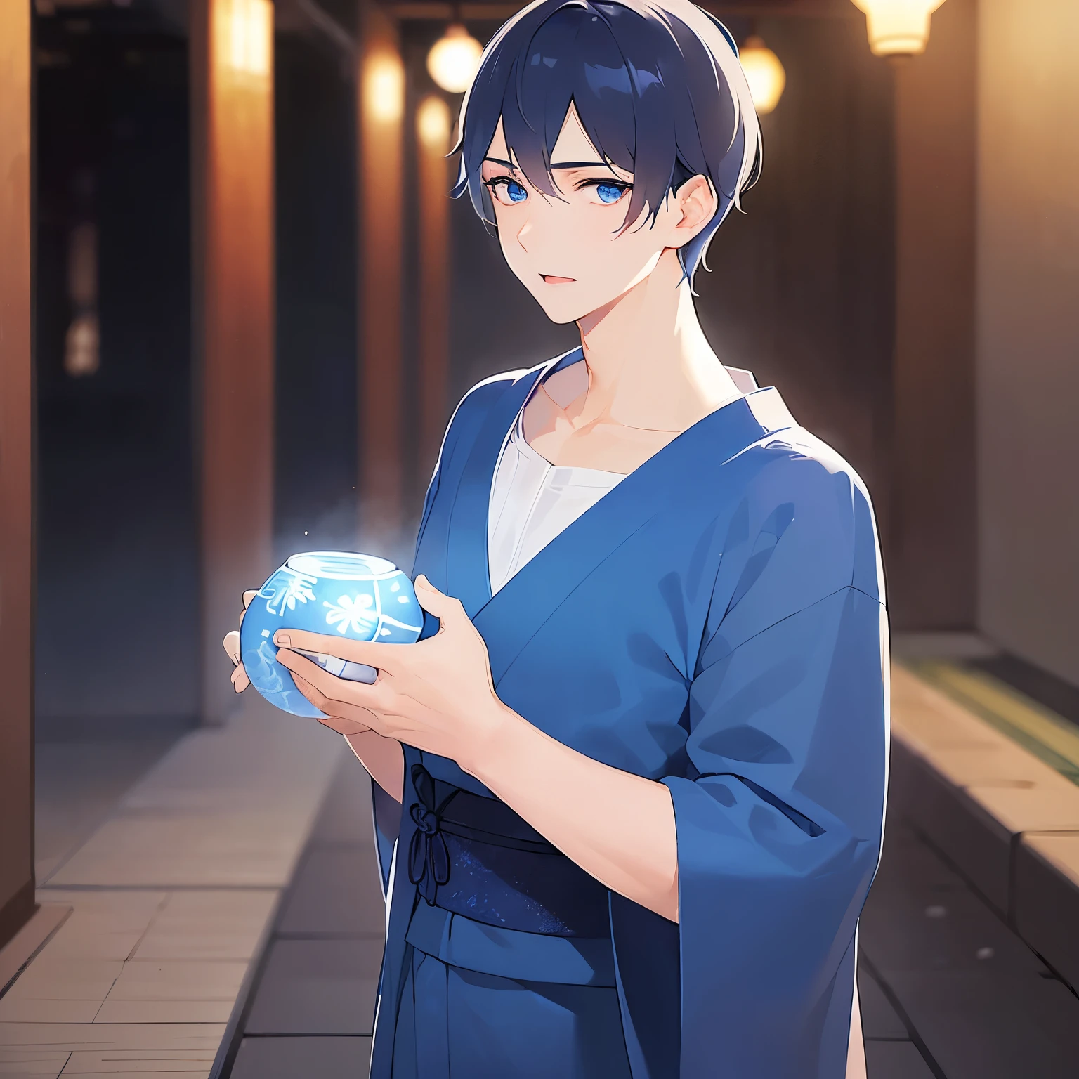 A man with dark short hair and blue eyes,his hands open next to his face、His eyes are wide open and his mouth is open in surprise、Wearing a blue yukata、The background is a Japanese-style corridor at night、Face in the picture