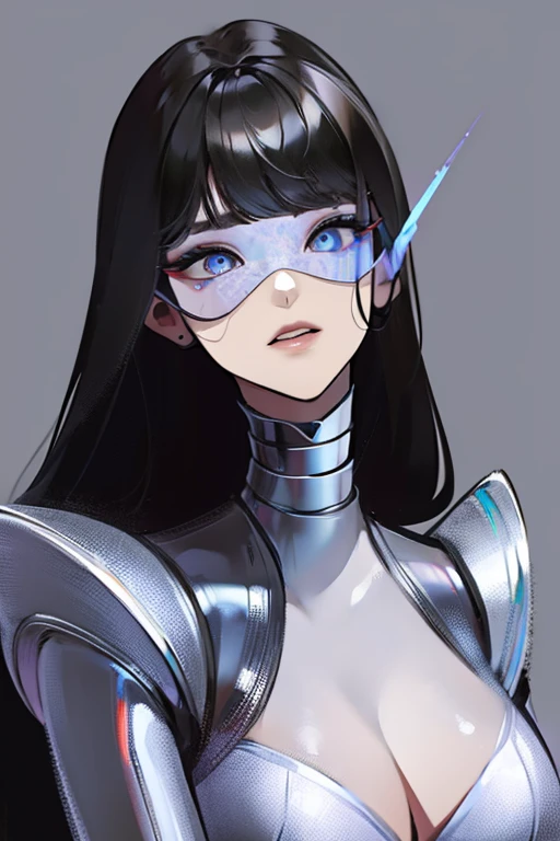 empty eyes,robotized woman ,big bust,Robot Joint ,Metal skin,Black suit,long hair