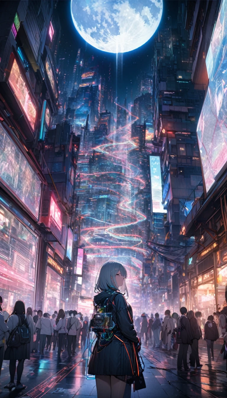 best quality, super fine, 16k, incredibly absurdres, extremely detailed, delicate and dynamic, streets lined with skyscrapers, buildings, people, wiring, piping, the ground, everything is transparent and semi-transparent like an X-ray photograph, anatomy, diagram, iridescent neon colors wiring diagram and LED, (magnificent view:1.1), background iridescent full moon and stars