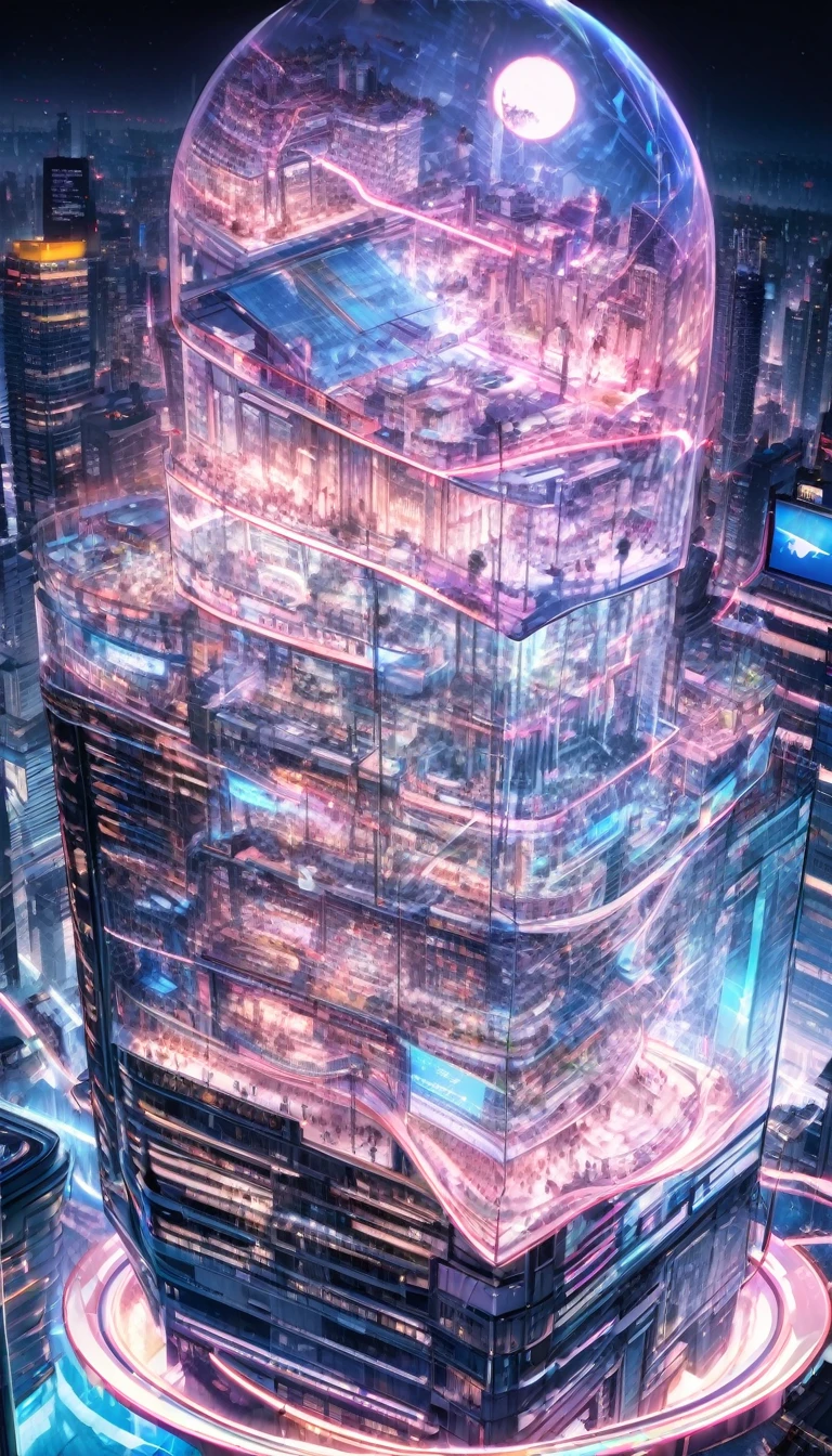 best quality, super fine, 16k, incredibly absurdres, extremely detailed, delicate and dynamic, streets lined with skyscrapers, buildings, people, wiring, piping, the ground, everything is transparent and semi-transparent like an X-ray photograph, anatomy, diagram, iridescent neon colors wiring diagram and LED, (magnificent view:1.1), background iridescent full moon and stars