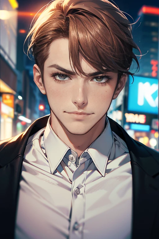 (tmasterpiece, high resolution, ultra - detailed:1.0), (1 male, masculine face, 31 years, CEO), Perfect male body, tall and strong, Adult male, Delicate eyes and delicate face, Extremely detailed CG, Unity 8k wallpaper, Complicated details, Detailed face, (short brown hair, short  hair, smile in love faces, blur eyes, white shirts,), (frown, smile in love:1.3), stad in corporativo, empresa, escritório style, color difference, Depth of field, dramatic shadow, Ray tracing, Best quality, Cinematic lighting, offcial art,Portrait