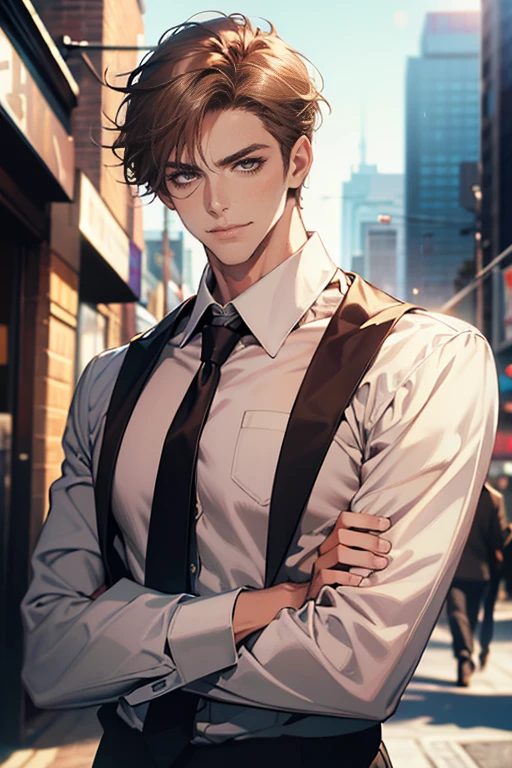 (tmasterpiece, high resolution, ultra - detailed:1.0), (1 male, masculine face, 31 years, CEO), Perfect male body, tall and strong, Adult male, Delicate eyes and delicate face, Extremely detailed CG, Unity 8k wallpaper, Complicated details, Detailed face, (short brown hair, short  hair, smile in love faces, blur eyes, white shirts,), (frown, smile in love:1.3), stad in corporativo, empresa, escritório style, color difference, Depth of field, dramatic shadow, Ray tracing, Best quality, Cinematic lighting, offcial art,Portrait