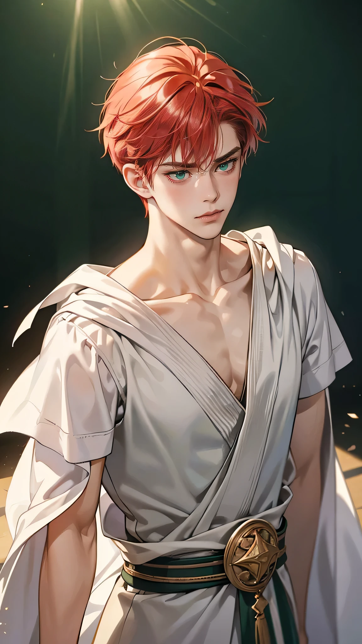 1 boy, Male wizard, Adult male, Handsome and tall, (Red hair, Green Eyes, Three White, Wizard Costume, frown, blush, Proud), Looking at the audience, Speak your mind, clavicle, Jewelry, portrait, Official Art, Part of lips, dramaticangle, Ray Tracing, Dramatic Lighting, Art style, Optimal lighting, Best shadow, Extremely delicate and beautiful, best quality, Extremely detailed, absurd, Depth of Field