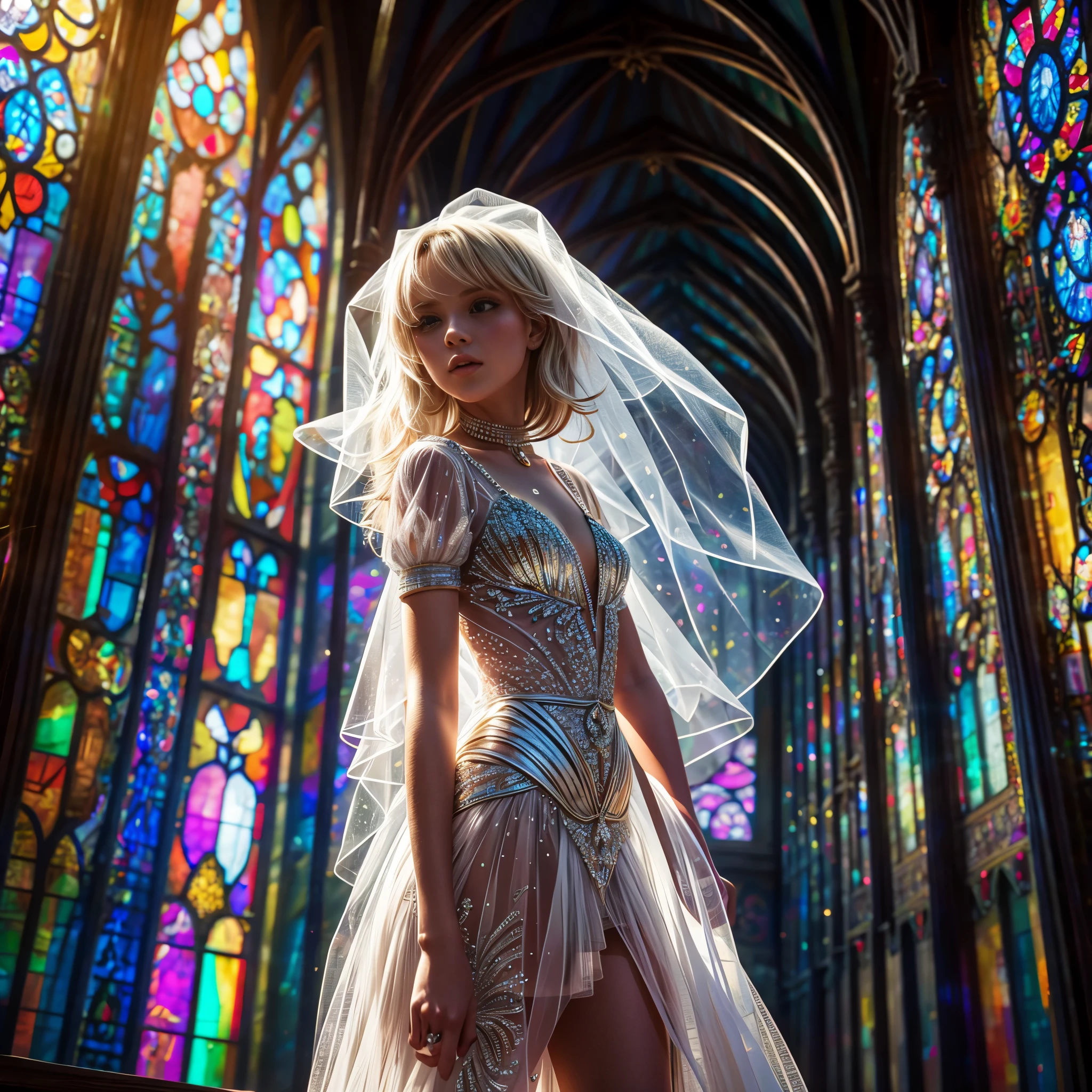  (Cathedral from below:1.28) (ZoomLayer) TopQuality 8K masterpiece of ((Professional photo)), (((Clarisse de Cagliostro))) (Detailed White WeddingDresses), Chain, (((Extremely detailed KAWAII face))) {((VeiledFace))|BlondeHair|(Elaborate BuleEyes)with(SparklingHighlights:1.28)}, The background is distant (((Elaborate stained glass))) Rainbow Glass, {(MysticSight)|EnchantingAtmosphere|Haze|(GodRays)|TyndallEffect}, Radiant PearlSkin with Transparency, (Exposed:0.39)
