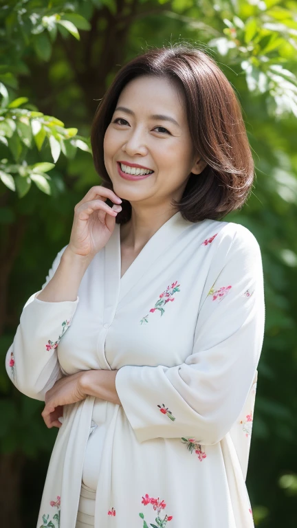 , Standing in the park, wrinkles around the eyes, Smile with teeth bared, Japanese painting, Elderly, Drawing lips correctly, Red lipstick, No discomfort, 16K, best quality, Very detailed, Practical, Very detailed肌, (Japanese), (Solitary), 100 years old, Large Breasts, , charm, Sexy, Chrome White Skin, Look straight ahead,