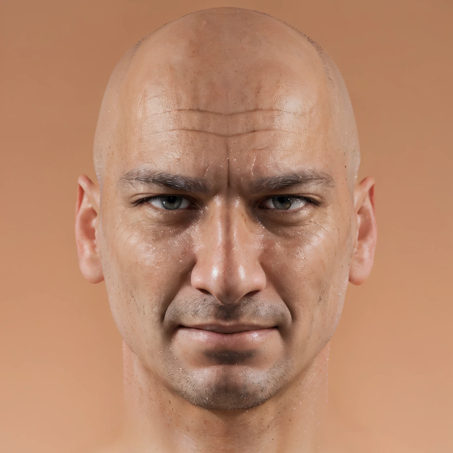 arafed man with a bald head and a shaved face, realistic face and body hybrid, extreme detailed face and body, photorealistic facial features, photorealiscic face, real human face with skin, hyperrealistic face, photorealistic skin texture, realistic skin texture, photorealistic face, face very realistic, hyper realistic face, realistically rendered face